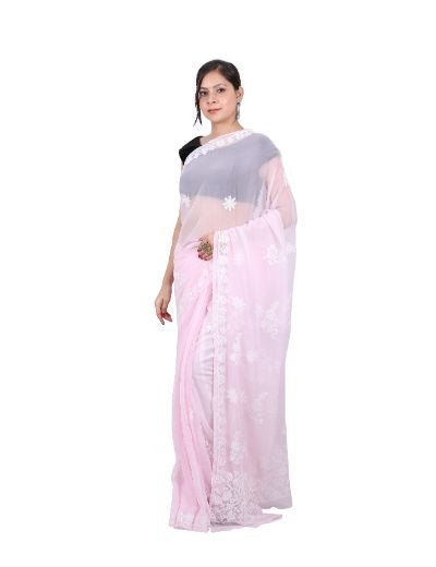 Chhangamal Hand Embroidered Light Pink Georgette Chikankari Saree