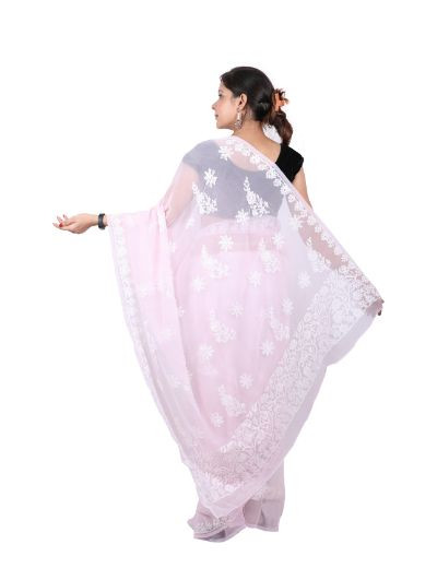 Chhangamal Hand Embroidered Light Pink Georgette Chikankari Saree