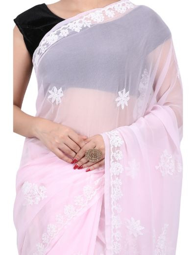 Chhangamal Hand Embroidered Light Pink Georgette Chikankari Saree