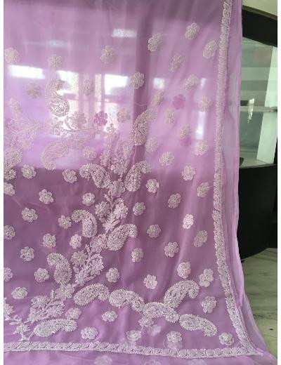 Chhangamal Hand Embroidered Light Purple Colour Georgette  Chikankari Saree Piece