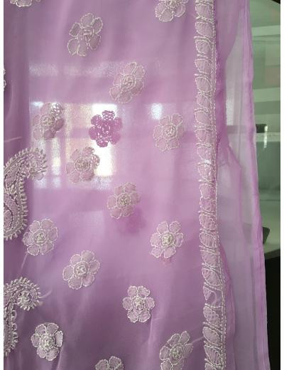 Chhangamal Hand Embroidered Light Purple Colour Georgette  Chikankari Saree Piece