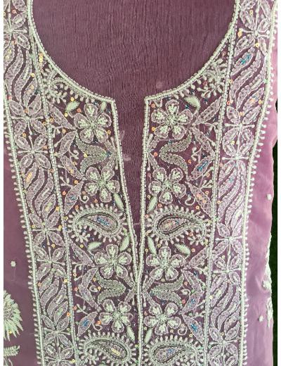 Chhangamal Hand Embroidered Light Purple Colour Organza  Chikankari Kurta Dupatta Piece