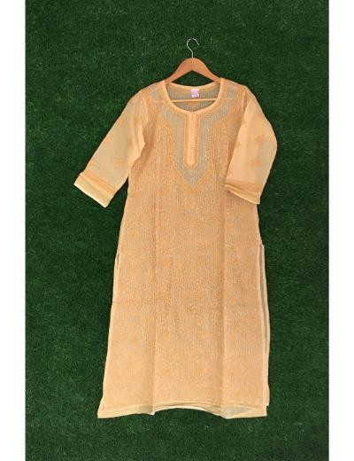 Chhangamal Hand Embroidered Light Rust Colour Kota Chikankari Kurti