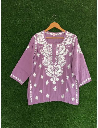 Chhangamal Hand Embroidered Light Wine Colour Modal Chikankari Top