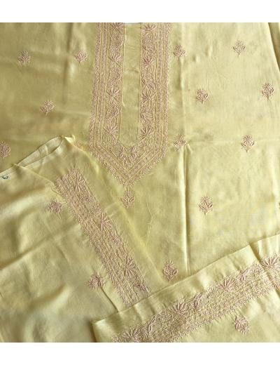 Chhangamal Hand Embroidered Light Yellow Colour Chanderi Silk  Chikankari Unstitched Men’s kurta Piece
