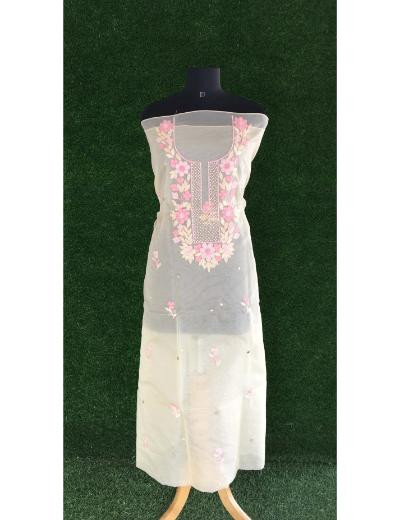 Chhangamal Hand Embroidered Light Yellow Colour Organza  Chikankari Kurta Dupatta Piece