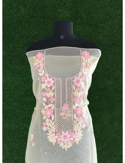 Chhangamal Hand Embroidered Light Yellow Colour Organza  Chikankari Kurta Dupatta Piece