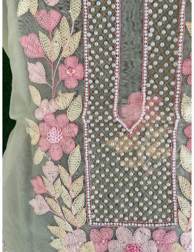 Chhangamal Hand Embroidered Light Yellow Colour Organza  Chikankari Kurta Dupatta Piece