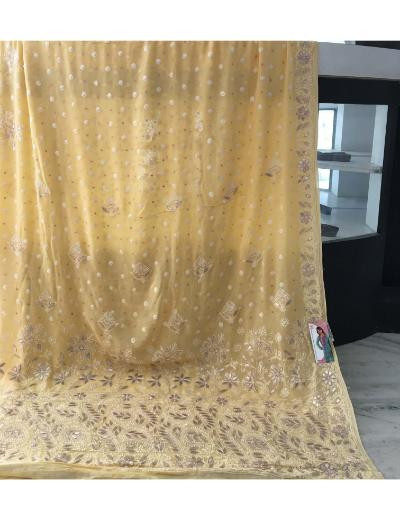 Chhangamal Hand Embroidered Light Yellow Colour Pure Georgette  Chikankari Saree Piece