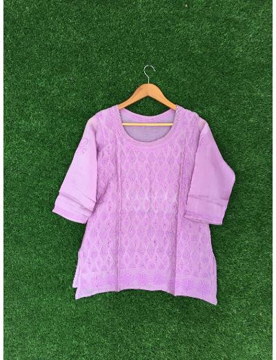 Chhangamal Hand Embroidered Lilac Colour Chanderi Chikankari Top