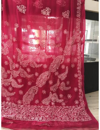 Chhangamal Hand Embroidered Magenta Colour Georgette  Chikankari Saree Piece