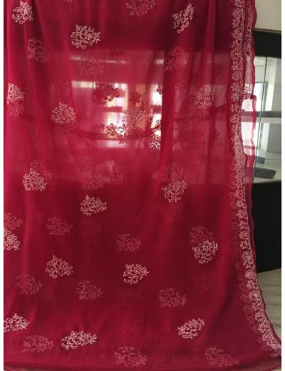 Chhangamal Hand Embroidered Magenta Colour Georgette  Chikankari Saree Piece