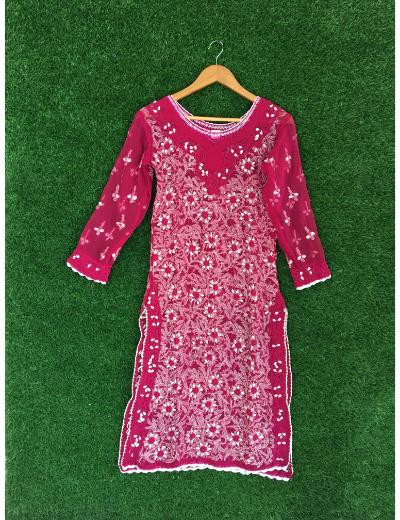 Chhangamal Hand Embroidered Magenta Colour Georgette Chikankari kurti