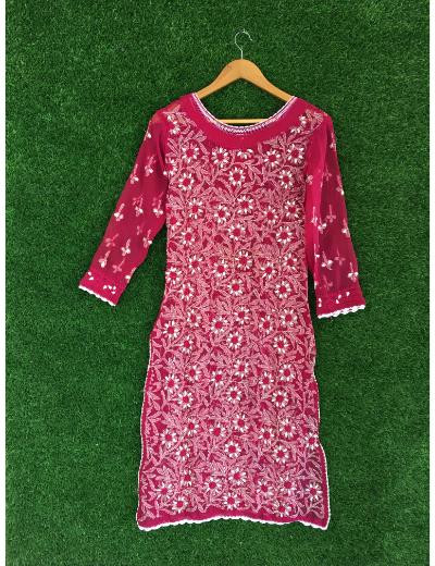 Chhangamal Hand Embroidered Magenta Colour Georgette Chikankari kurti