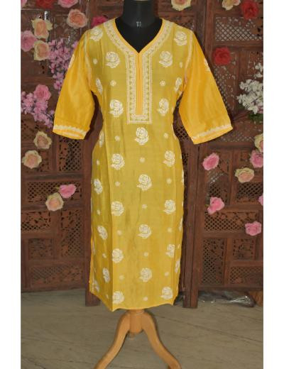 Chhangamal Hand Embroidered Mango Yellow Colour Chanderi Silk Kurti