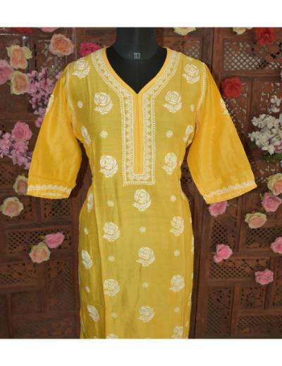 Chhangamal Hand Embroidered Mango Yellow Colour Chanderi Silk Kurti