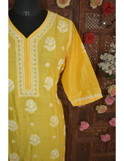 Chhangamal Hand Embroidered Mango Yellow Colour Chanderi Silk Kurti