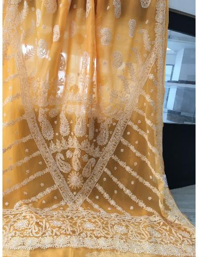 Chhangamal Hand Embroidered Mango Yellow Colour Georgette Chikankari Saree