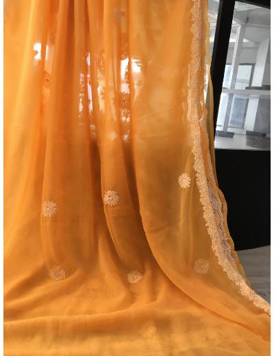 Chhangamal Hand Embroidered Mango Yellow Colour Georgette Chikankari Saree