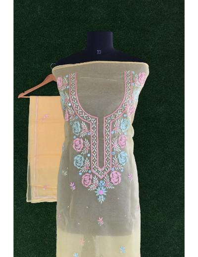 Chhangamal Hand Embroidered Mango Yellow Colour Organza  Chikankari Kurta Dupatta Piece