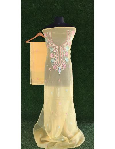 Chhangamal Hand Embroidered Mango Yellow Colour Organza  Chikankari Kurta Dupatta Piece