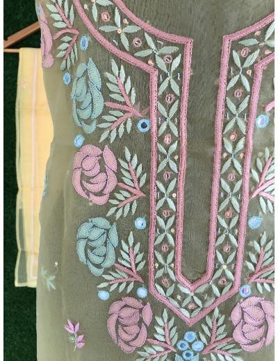 Chhangamal Hand Embroidered Mango Yellow Colour Organza  Chikankari Kurta Dupatta Piece
