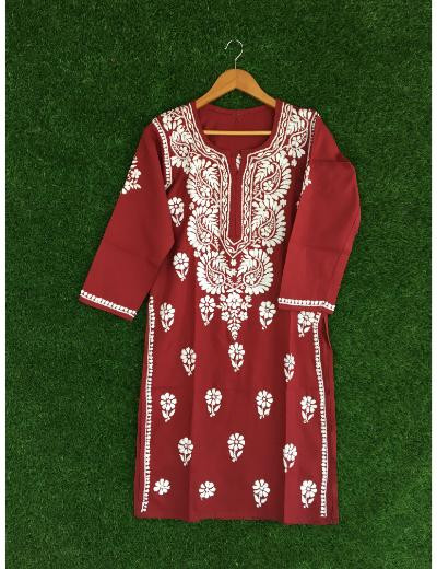 Chhangamal Hand Embroidered Maroon  Colour Cotton Chikankari Kurti