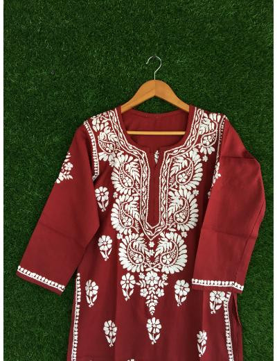 Chhangamal Hand Embroidered Maroon  Colour Cotton Chikankari Kurti