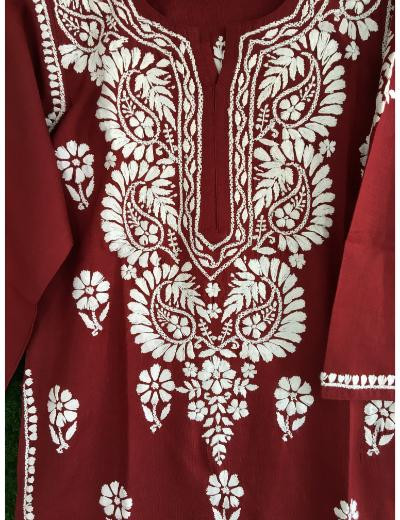 Chhangamal Hand Embroidered Maroon  Colour Cotton Chikankari Kurti