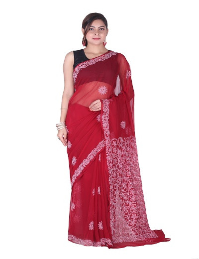Chhangamal Hand Embroidered Maroon Chikankari Faux Georgette Saree