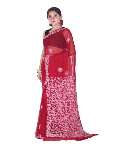 Chhangamal Hand Embroidered Maroon Chikankari Faux Georgette Saree