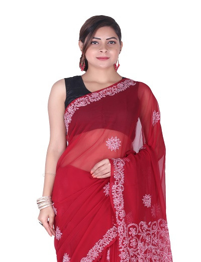 Chhangamal Hand Embroidered Maroon Chikankari Faux Georgette Saree
