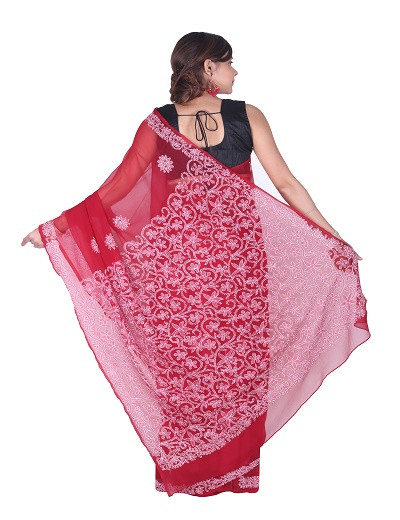 Chhangamal Hand Embroidered Maroon Chikankari Faux Georgette Saree