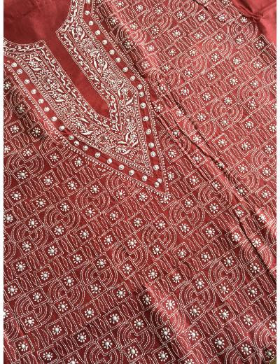 Chhangamal Hand Embroidered Maroon Colour  Tusser Silk  Chikankari Unstitched Men’s kurta Piece
