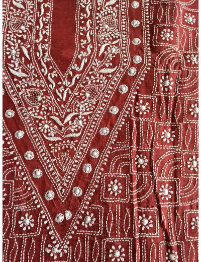 Chhangamal Hand Embroidered Maroon Colour  Tusser Silk  Chikankari Unstitched Men’s kurta Piece