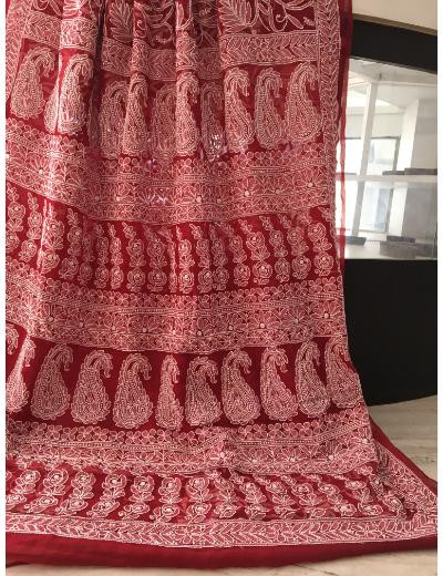 Chhangamal Hand Embroidered Maroon Colour Georgette Chikankari Saree