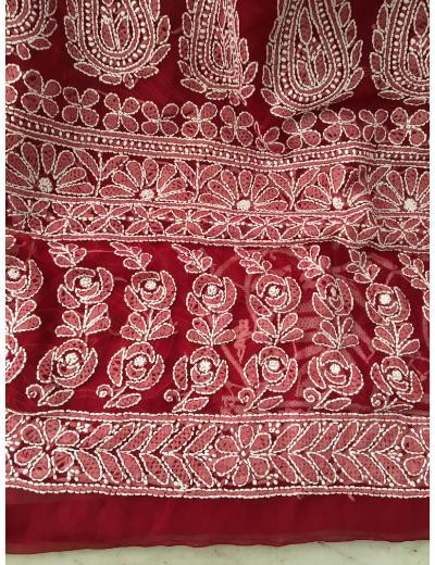 Chhangamal Hand Embroidered Maroon Colour Georgette Chikankari Saree