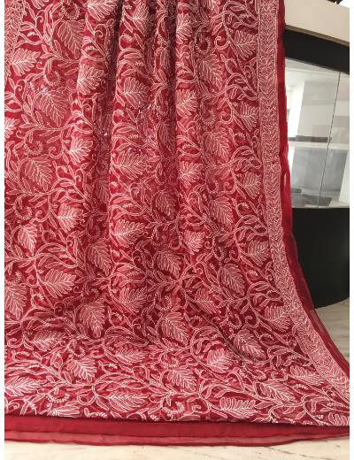 Chhangamal Hand Embroidered Maroon Colour Georgette Chikankari Saree