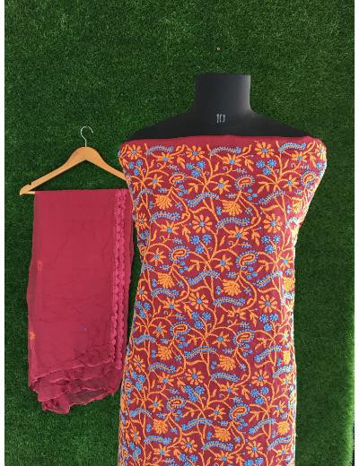 Chhangamal Hand Embroidered Maroon Colour Silk Chikankari Suit Length