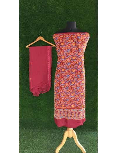 Chhangamal Hand Embroidered Maroon Colour Silk Chikankari Suit Length