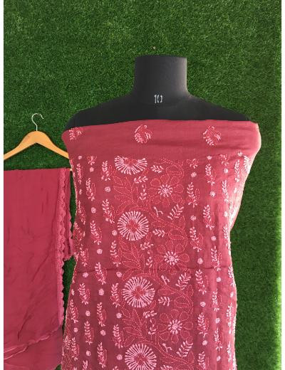 Chhangamal Hand Embroidered Maroon Colour Silk Chikankari Suit Length