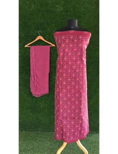 Chhangamal Hand Embroidered Maroon Colour Silk Chikankari Suit Length