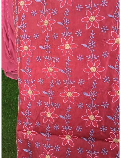 Chhangamal Hand Embroidered Maroon Colour Silk Chikankari Suit Length