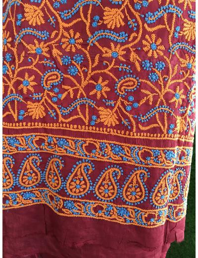 Chhangamal Hand Embroidered Maroon Colour Silk Chikankari Suit Length