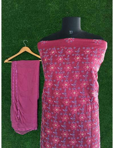 Chhangamal Hand Embroidered Maroon Colour Silk Chikankari Suit Length