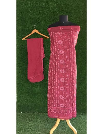 Chhangamal Hand Embroidered Maroon Colour Silk Chikankari Suit Length