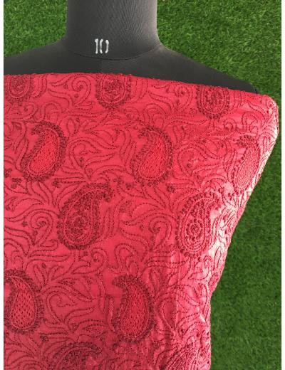 Chhangamal Hand Embroidered Maroon Colour Silk Chikankari Suit Length