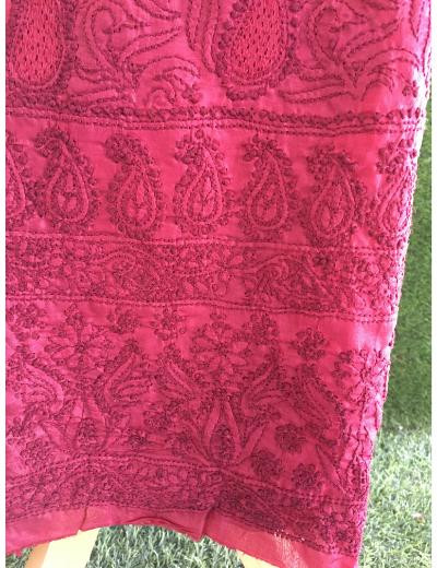 Chhangamal Hand Embroidered Maroon Colour Silk Chikankari Suit Length