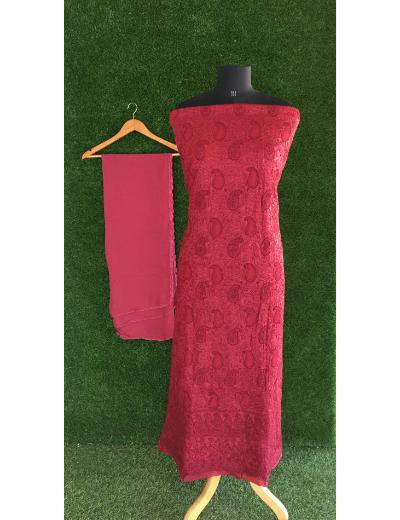 Chhangamal Hand Embroidered Maroon Colour Silk Chikankari Suit Length