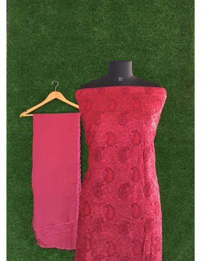 Chhangamal Hand Embroidered Maroon Colour Silk Chikankari Suit Length